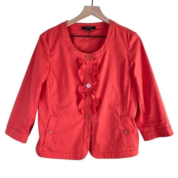 Talbots Ruffle‎ Button Front Collarless Blazer Jacket Cotton Coral Orange, 14P - Picture 1 of 9
